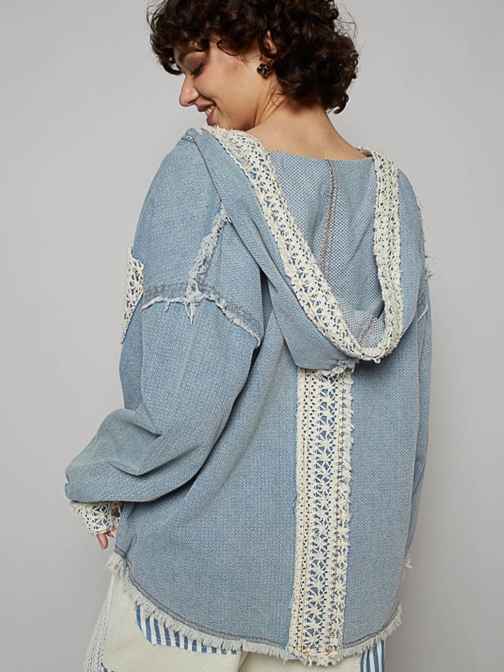 POL Light Blue Hooded Cardigan with Cream Crochet Trim - Picture 3 of 4